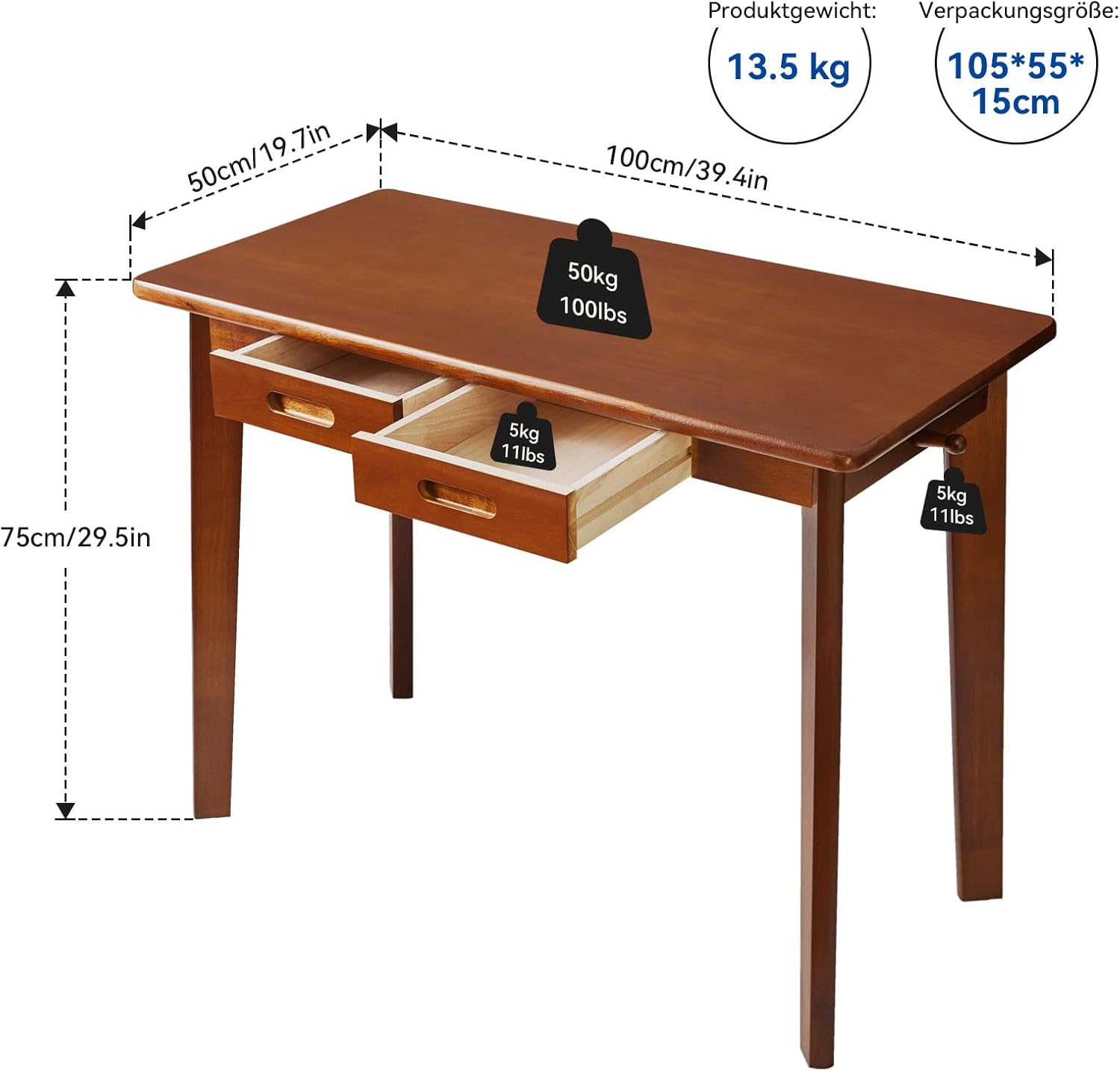 Schreibtisch aus Massivholz, Kleiner Bürotisch mit Schubladen, 100 x 50 x 75 cm, Computertisch mit Stauraum und Kleiderstange für das Home Office, Rustikales Braun YD-WD01H