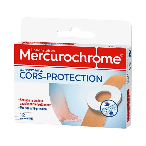 Curativos de Mercurocromo para Proteção de Calos, caixa com 12 unidades.