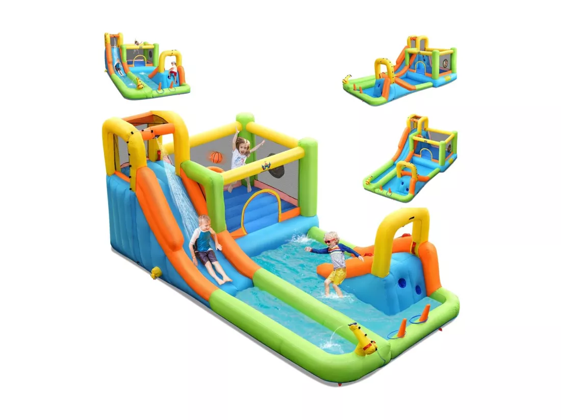 Château Gonflable 8 en 1 avec 2 Toboggans, Parc Aquatique avec Maison de Saut, Mur d'Escalade, Panier de Basket, Sac de Transport, Charge 135kg pour 3 Enfants de 3-10 Ans (Sans souffleur)