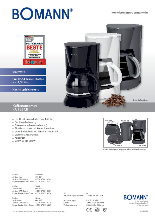 BOMANN Kaffeemaschine KA 183 CB 900 W grau