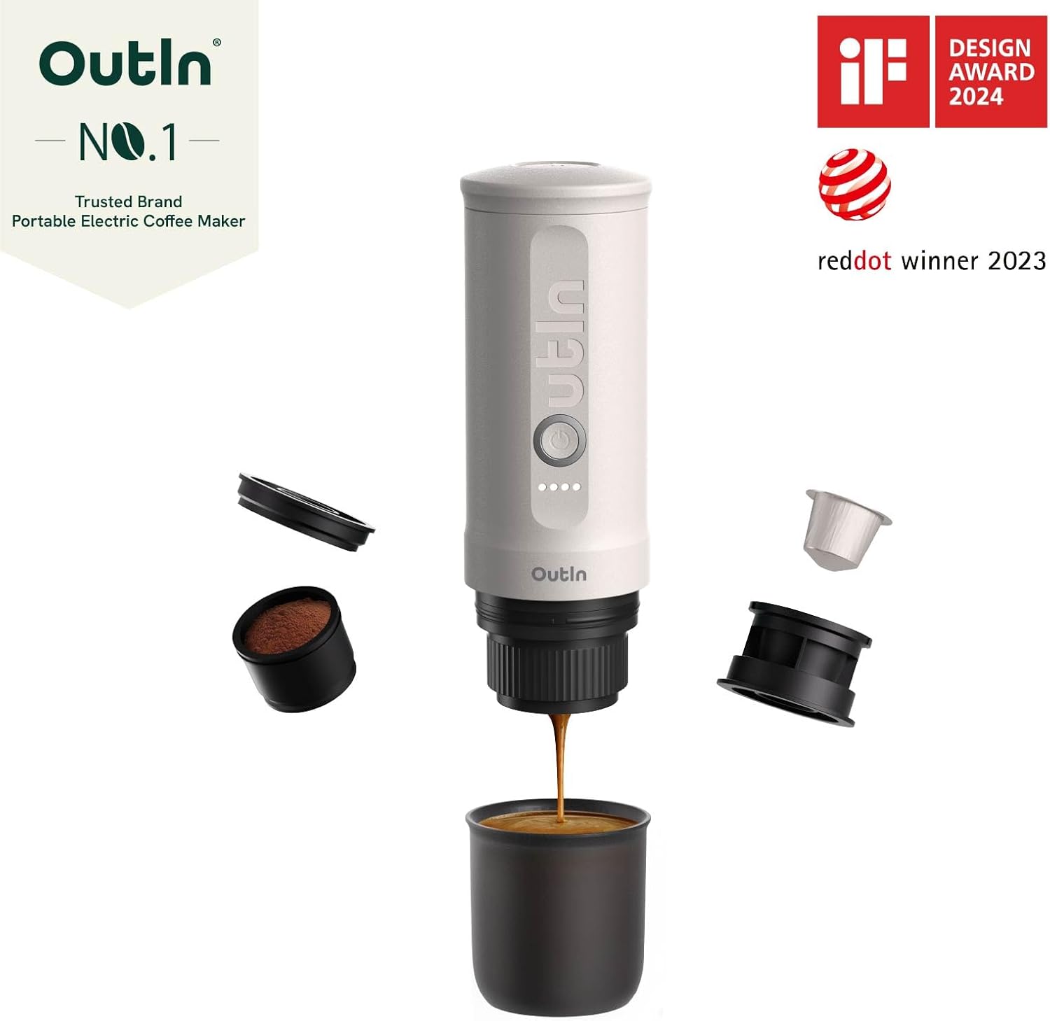 OutIn Nano Minimachine à espresso portable à piles avec auto-chauffage en 3-4 minutes, petite cafetière de voiture 20 bars 12V 24 V avec mallette de transport, capsules NS (Sarcelle D'été)
