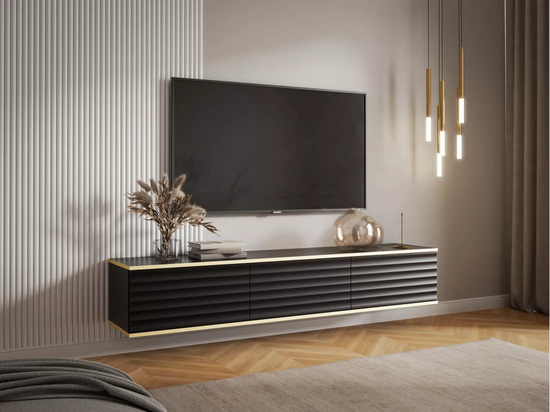 Meuble TV suspendu avec 3 portes en MDF - Noir et Doré - ALESAR de Pascal MORABITO