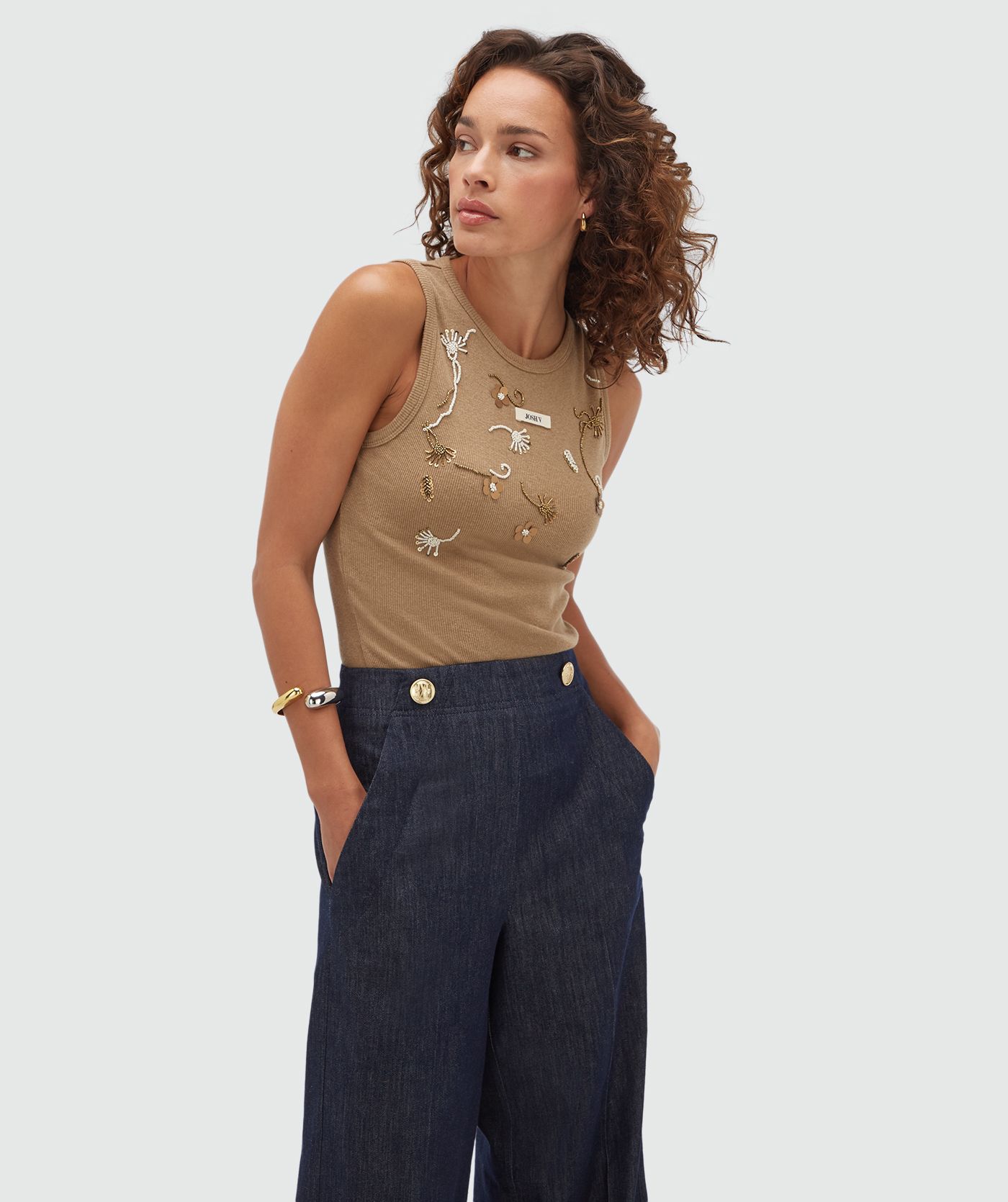 JV-CALIX slim fit top met kralen details - khaki melange