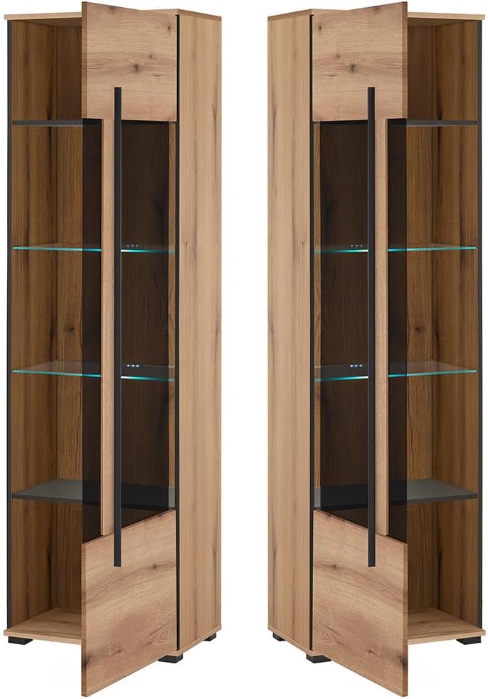 Lomadox Wohnwand Wohnzimmer-Set 5-teilig mit 2 Vitrinen, Sideboard & Highboard in Eiche inkl. LED Beleuchtung