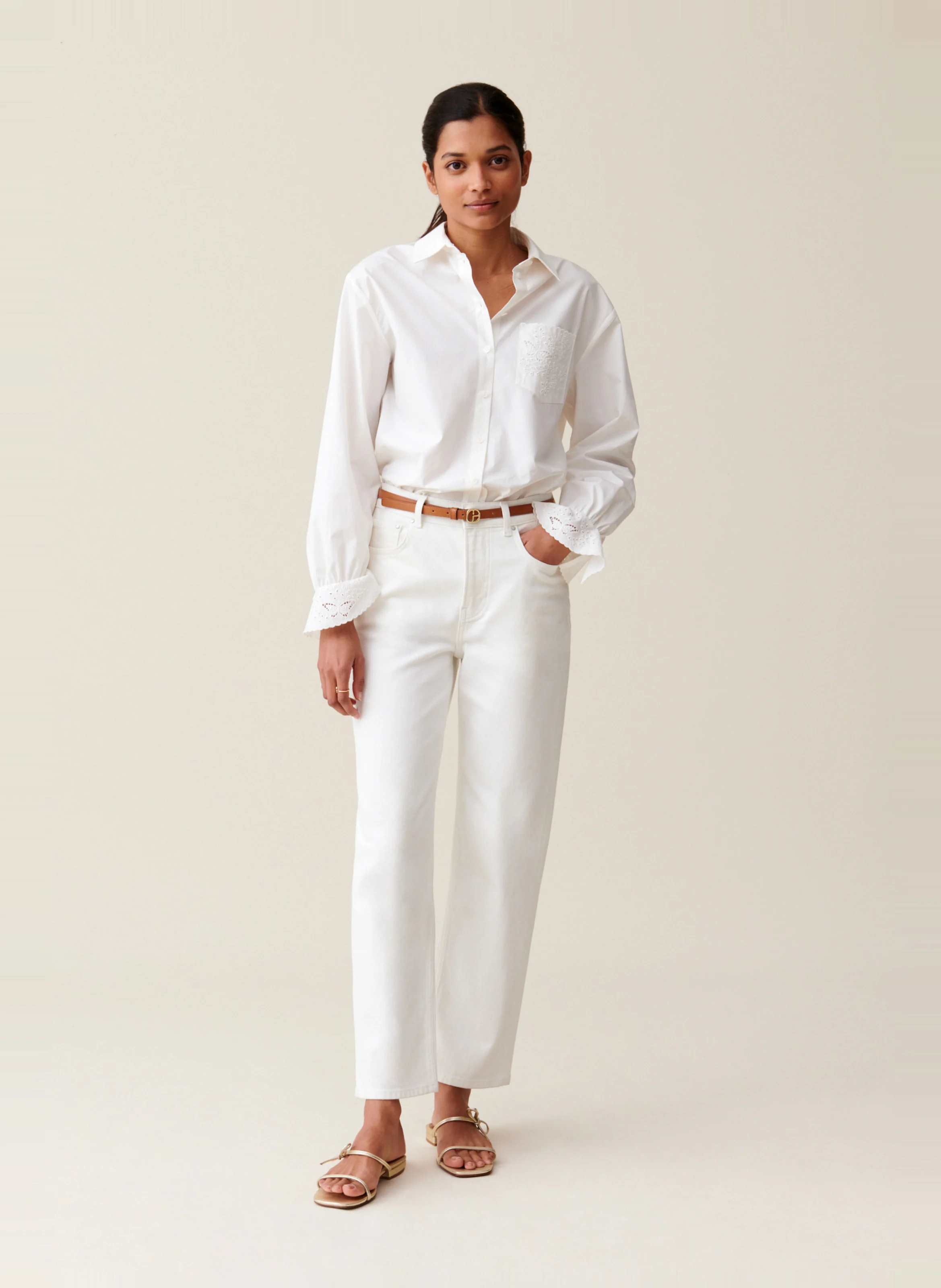 Chemise droite brodée en coton | Blanc