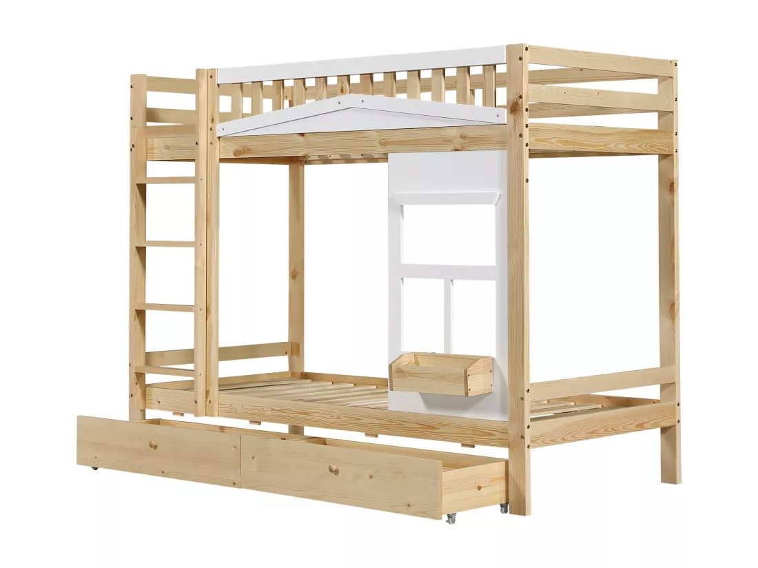 Lit superposé en bois - 2x90x200 cm - avec 2 tiroirs - Naturel