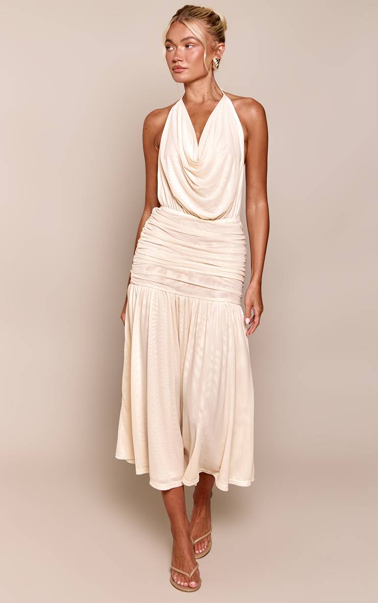 Crème Robe Midaxi Fluide À Col Bénitier En Mesh Amande Avec Ourlet Tombant