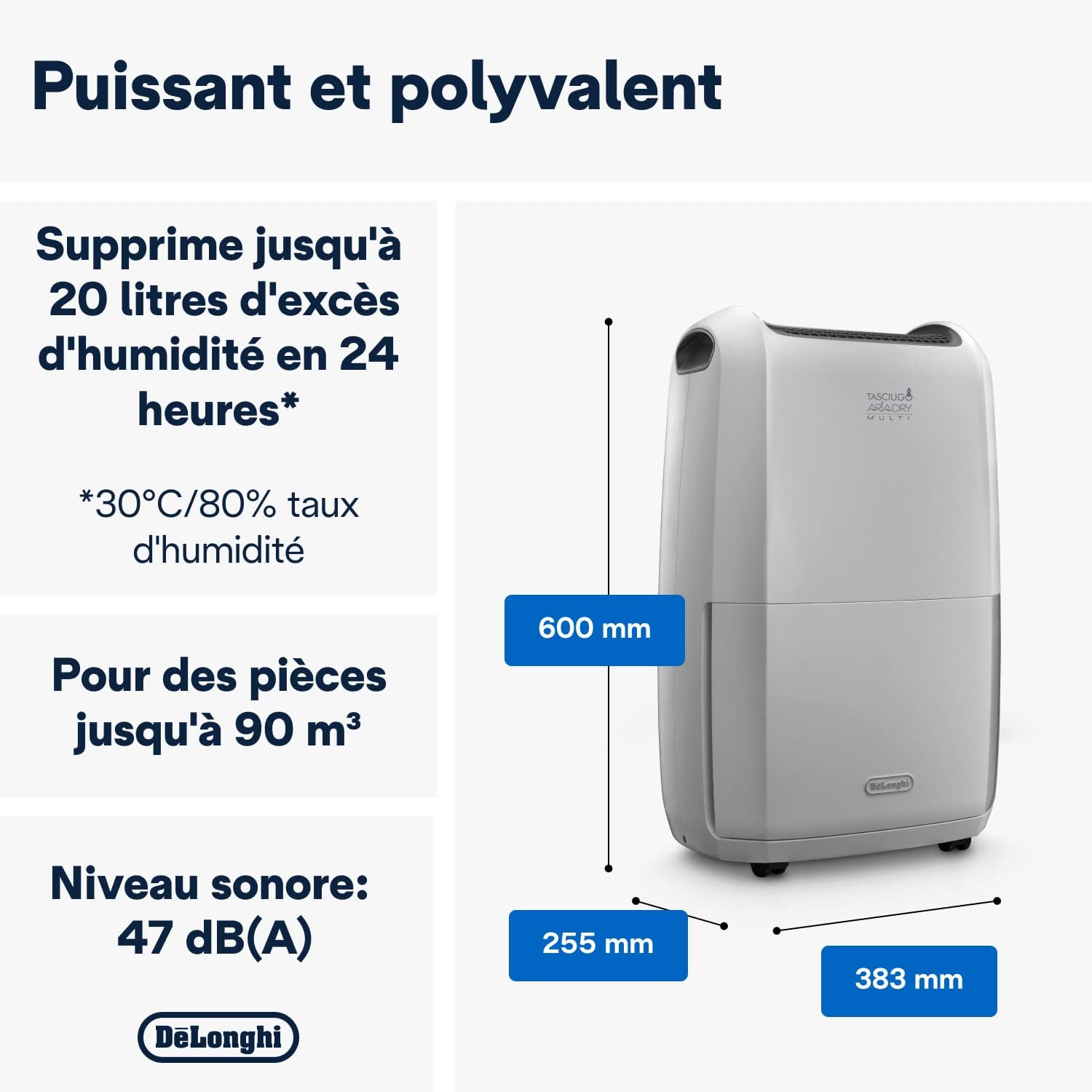 De'Longhi DDSX220 Tasciugo AriaDry Déshumidificateur d'air pour maison, 436 W, 20 L, plastique, blanc