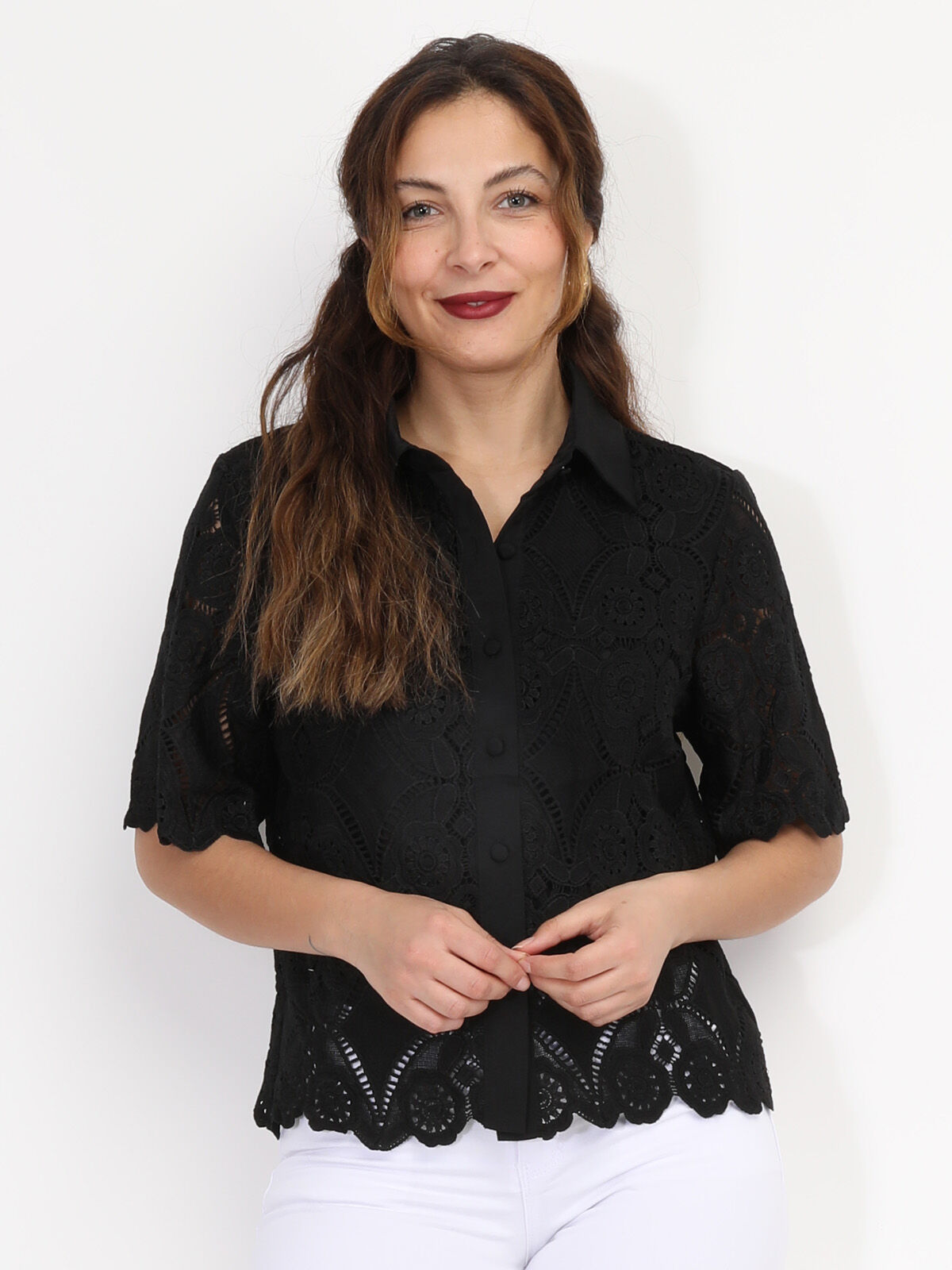 Chemise en dentelle crochet- Noir