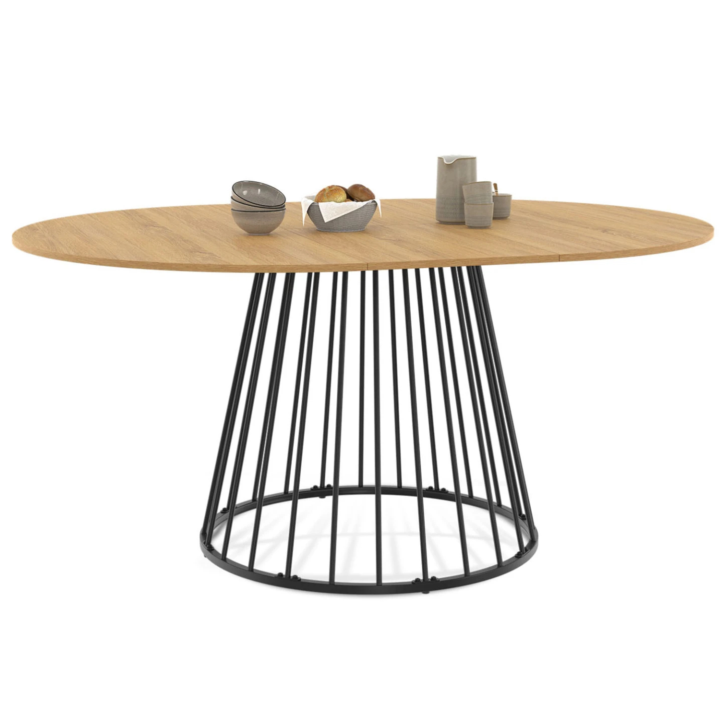 Table à manger extensible ronde YUNA 4-8 pers plateau bois et pied filaire en métal 110 - 150 cm
