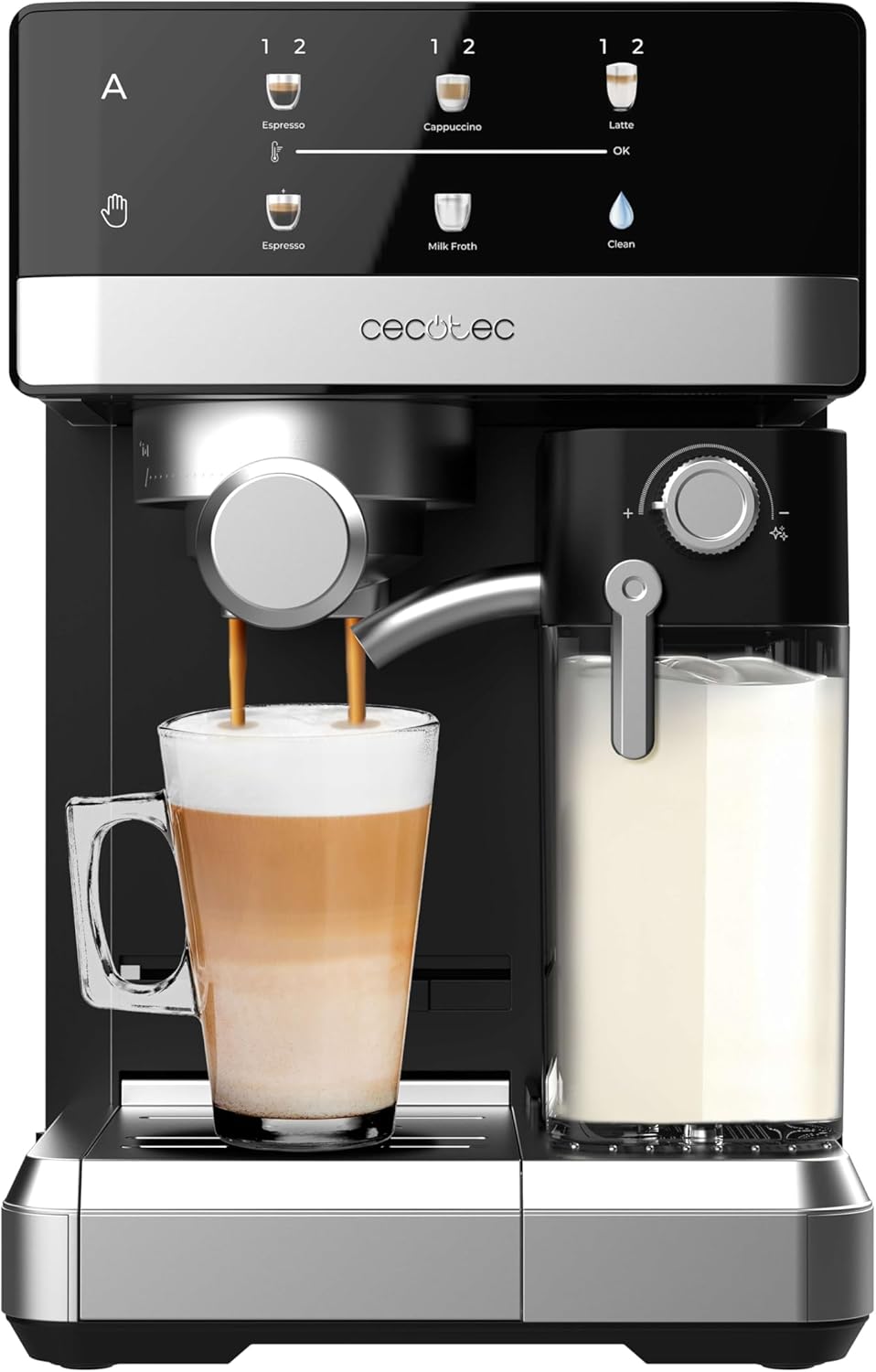 Cecotec Express-Kaffeemaschine, halbautomatisch, mit Power-Espresso-Milchtank, 20 Touch & Cream, 1350 W, Thermoblock-System, 20 Bar Druck, Aufschäumdüse, Tank 1,8 l, Zubehör