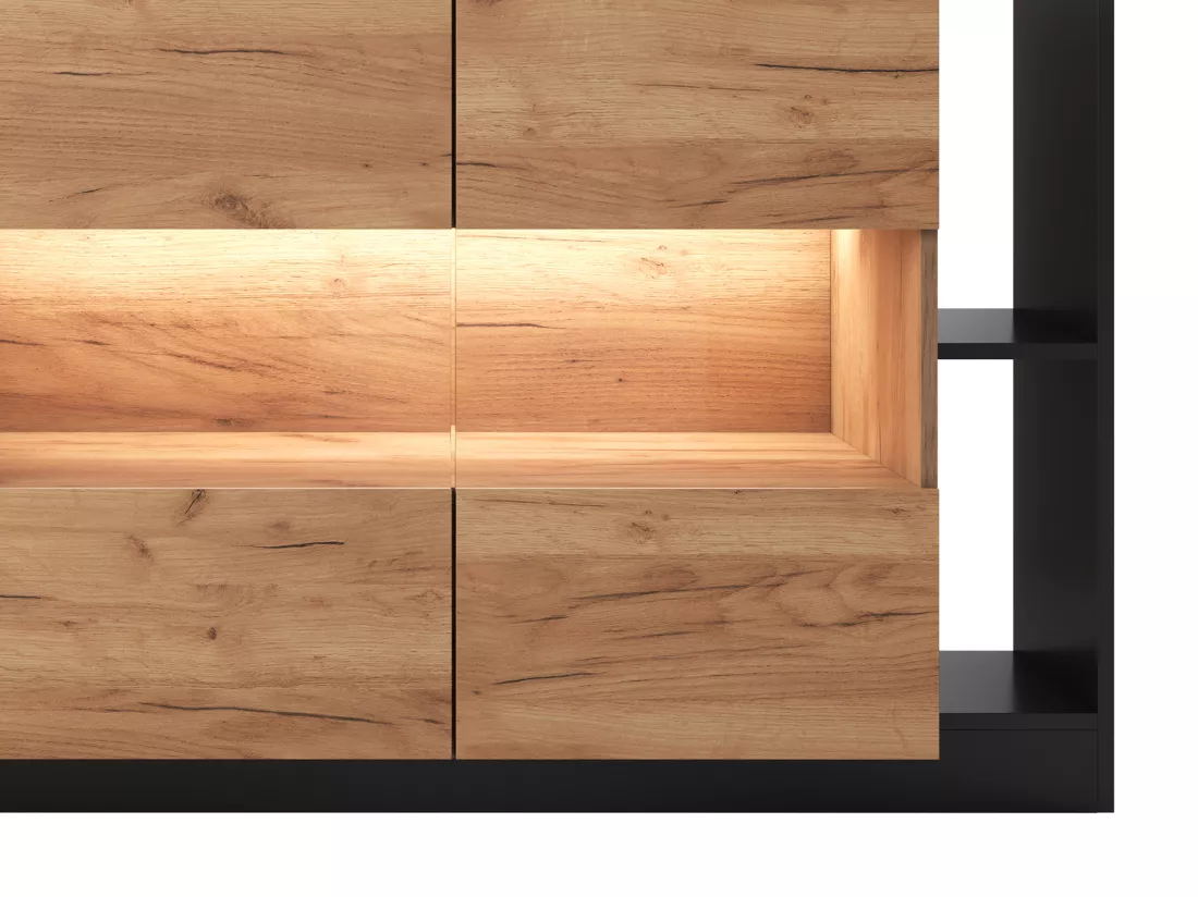 Buffet 4 portes et 4 niches avec LEDs - Naturel clair et Anthracite - IDESIA