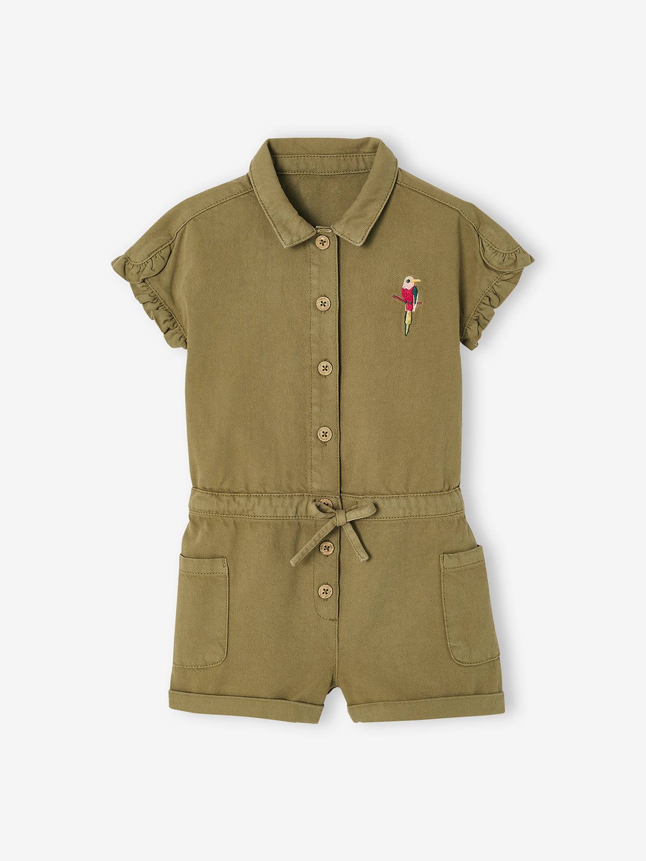 Macacão curto em Lyocell® com mangas franzidas, para meninas, verde médio liso com estampas.