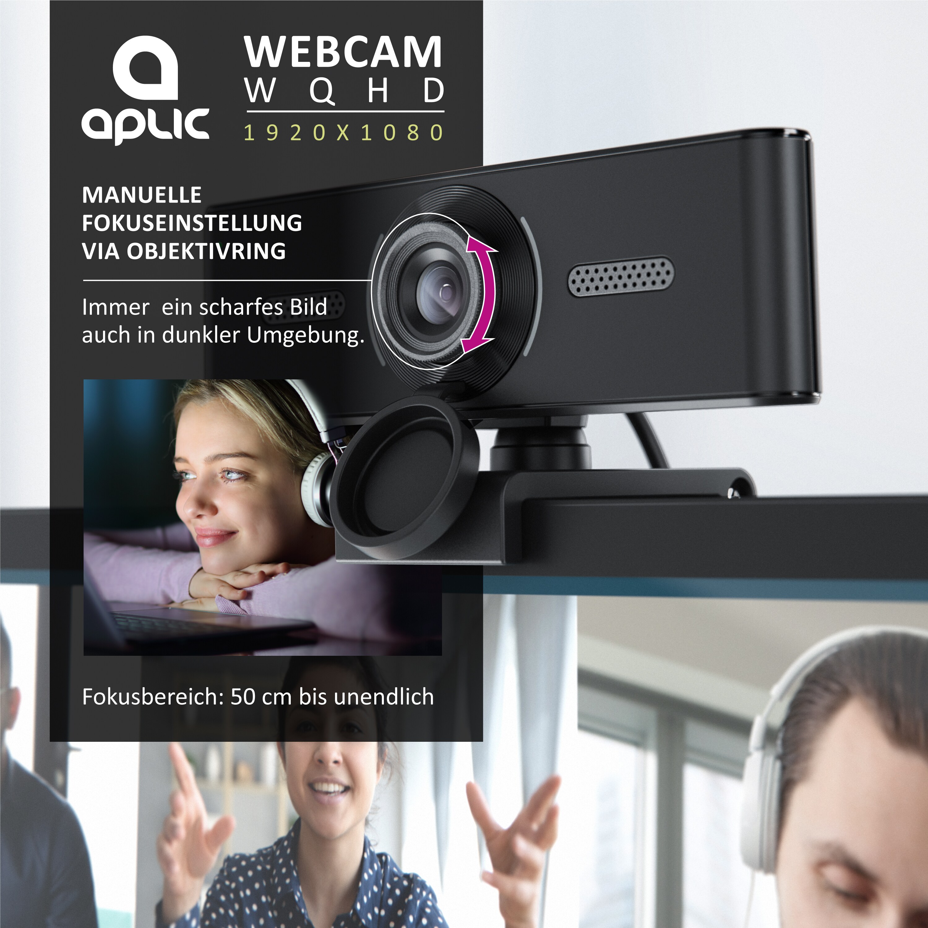 Aplic Webcam 2K - 1440p - 2560 x 1440 @ 30 Hz - Full-HD mit 60 Hz - manueller Fokus - Dual Mikrofone - Stativgewinde 1/4 Zoll - schwenkbare Halterung