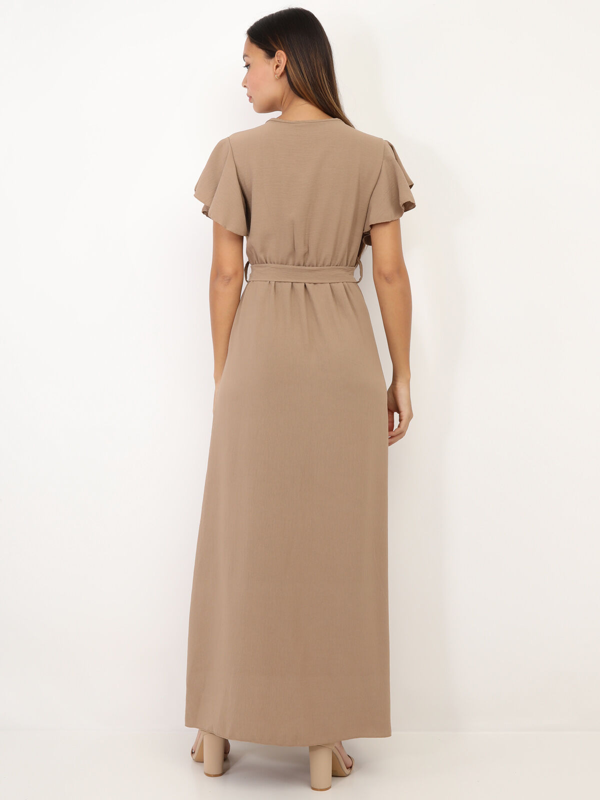 Robe longue fendue à col cache coeur- Camel