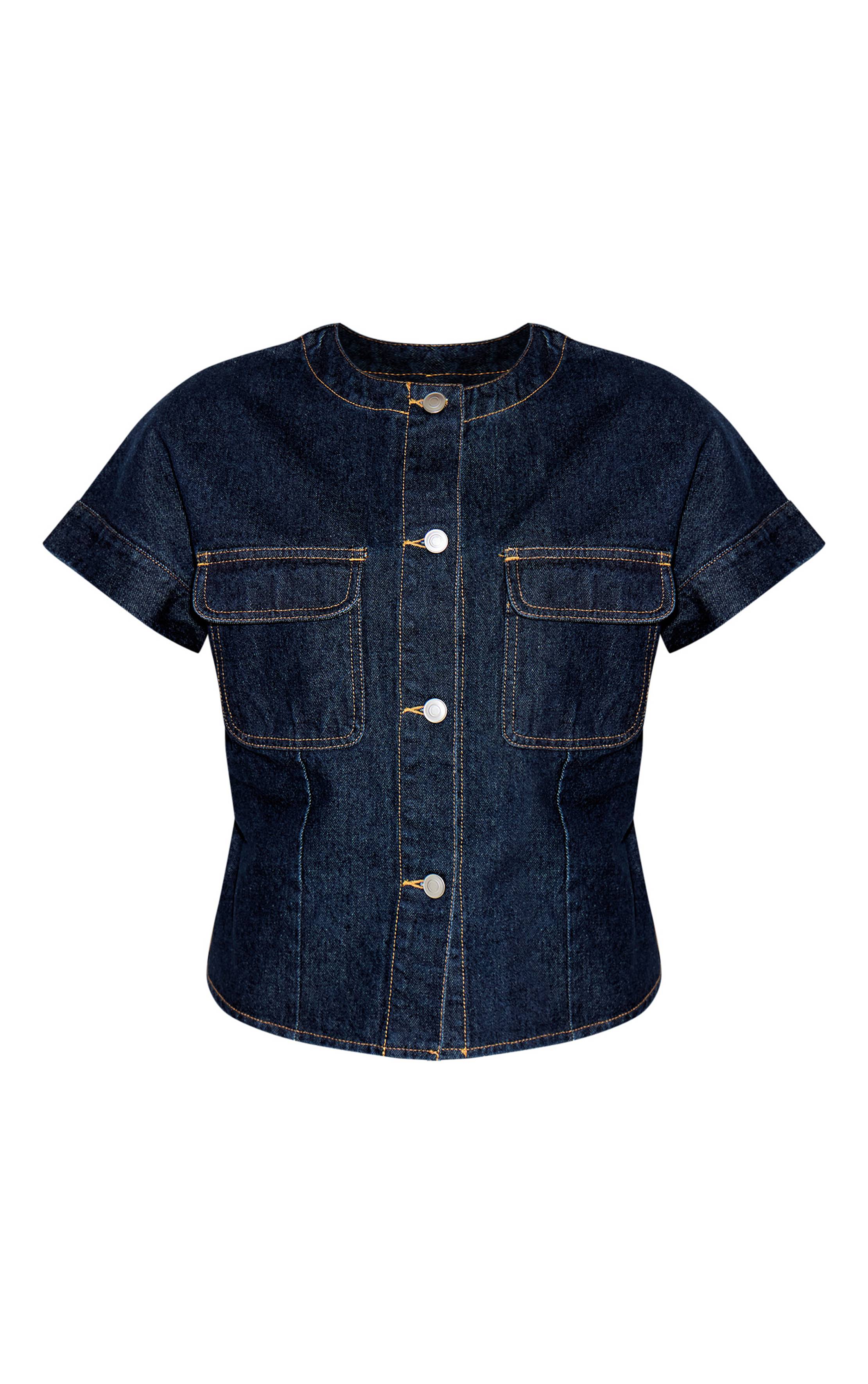 Bleu Indigo Chemise En Jean Courte À Col Rond Avec Détail De Poches