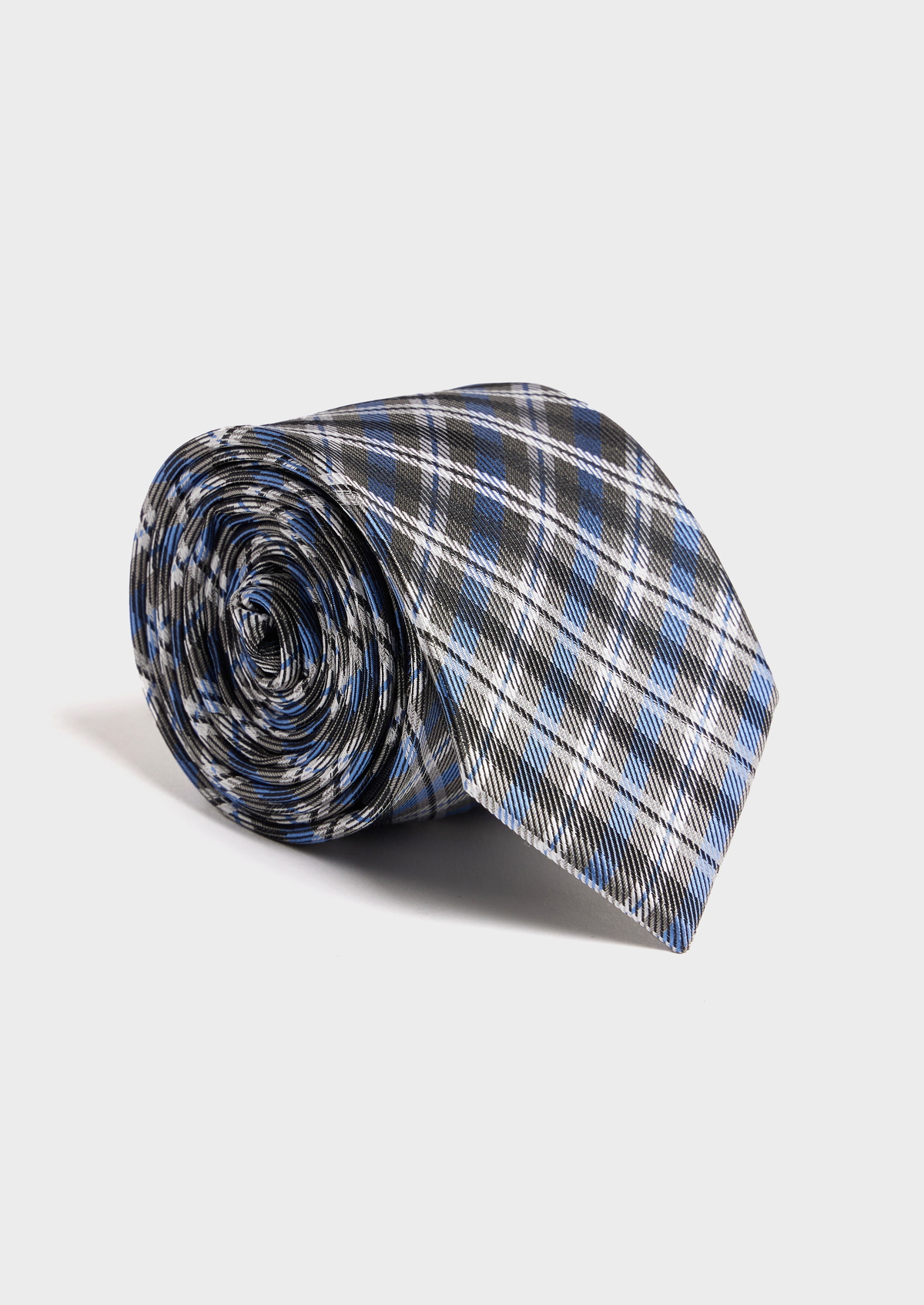 Cravate large en soie gris moyen Prince de Galles bleu et blanc