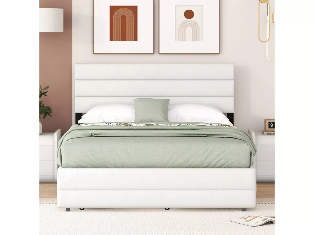 Lit gigogne pour adulte et enfant 140 x 200cm & 90 x 190cm - Lit plate-forme extensible avec 2 tiroirs avec sommier à lattes et tête de lit - blanc