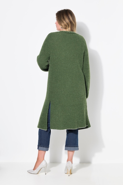 Strickjacke, extra lang, Ausschnitt mit Zierstich