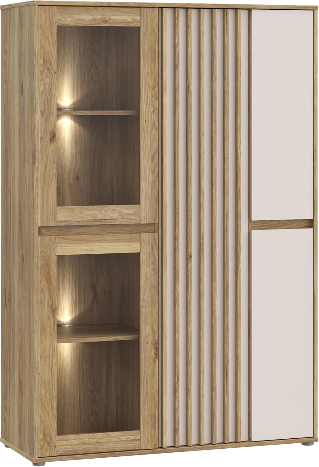 Forte ELISTON Vitrine 100 110, moderner Schrank mit Lamellendesign, 5-türig, Wohn-/Schlafzimmer, Mauvella Eiche Holzdekor|Kashmir Beige, 109,3 cm breit x 161,7 cm hoch x 41,5 cm tief