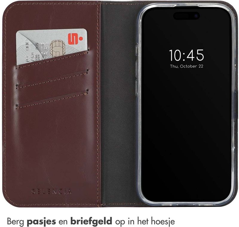 Selencia Echt Leren Bookcase voor de Apple iPhone 16 Pro Max - Bruin