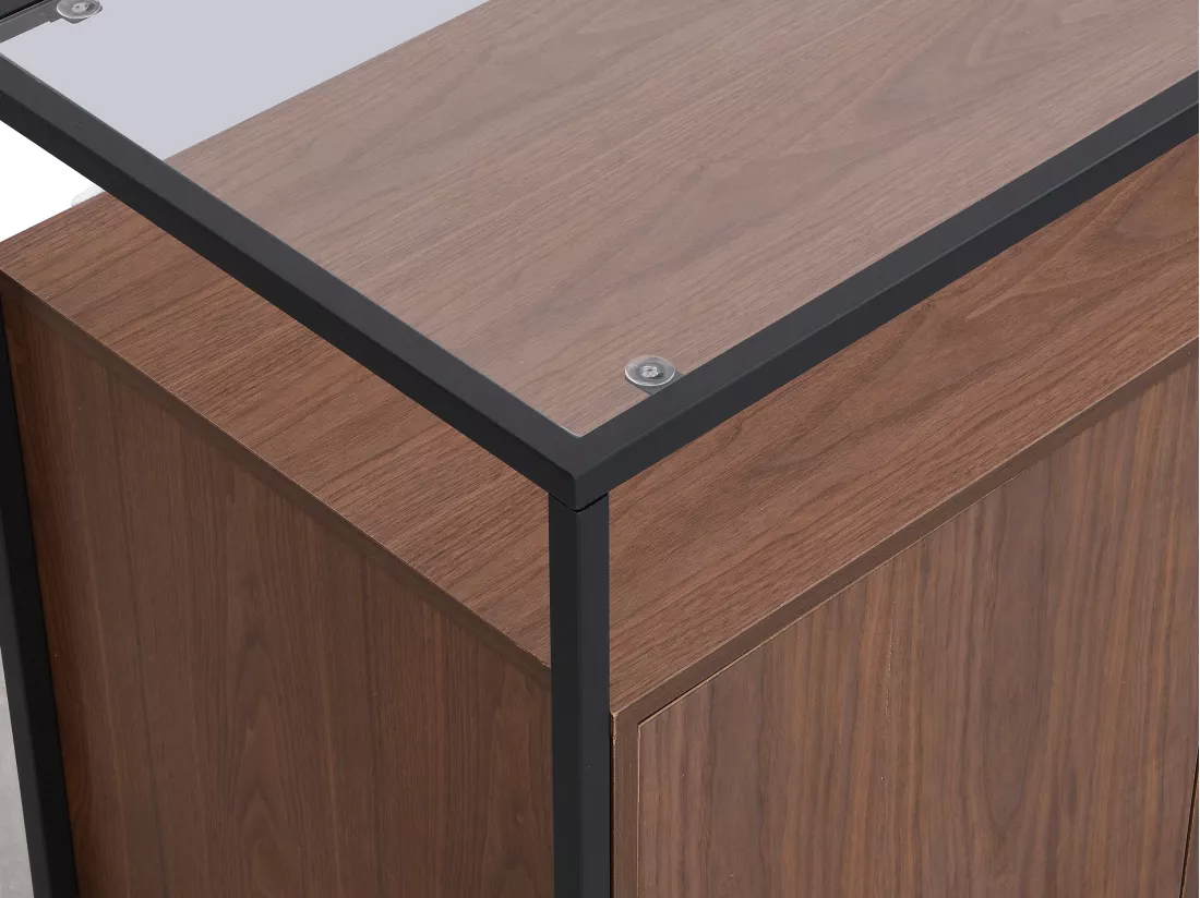 Buffet avec 3 portes en MDF, verre trempé et métal - Naturel foncé - CAMATA
