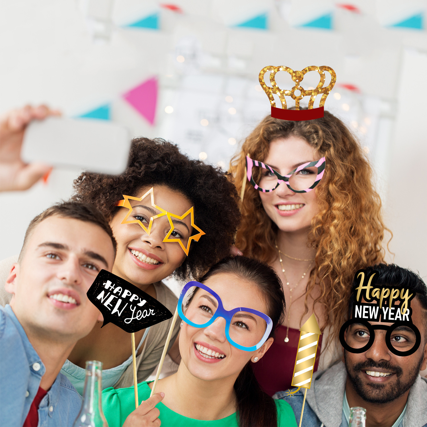 (22er Set) Photo Booth Fotorequisiten Party Foto Accessoires Dekorationen für lustige Bilder - Silvester