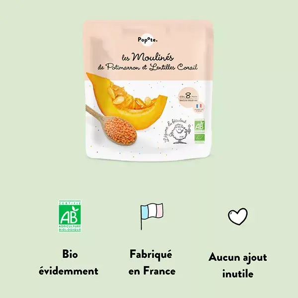 Popote les Moulinés Potimarron Lentilhas Corail +8 meses Orgânico 180g
