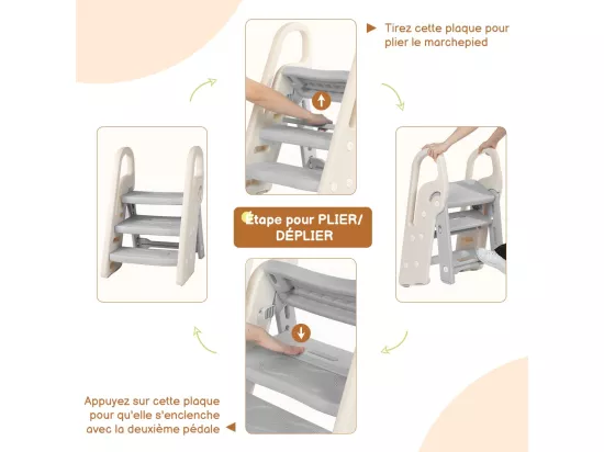 Marchepied Pliable pour Enfant Bébé avec 3 Marches Antidérapant, Rehausseur Stable, Hauteur Réglable, Multifonction avec Poignées Sécurité pr Salle de bain, Gris et beige