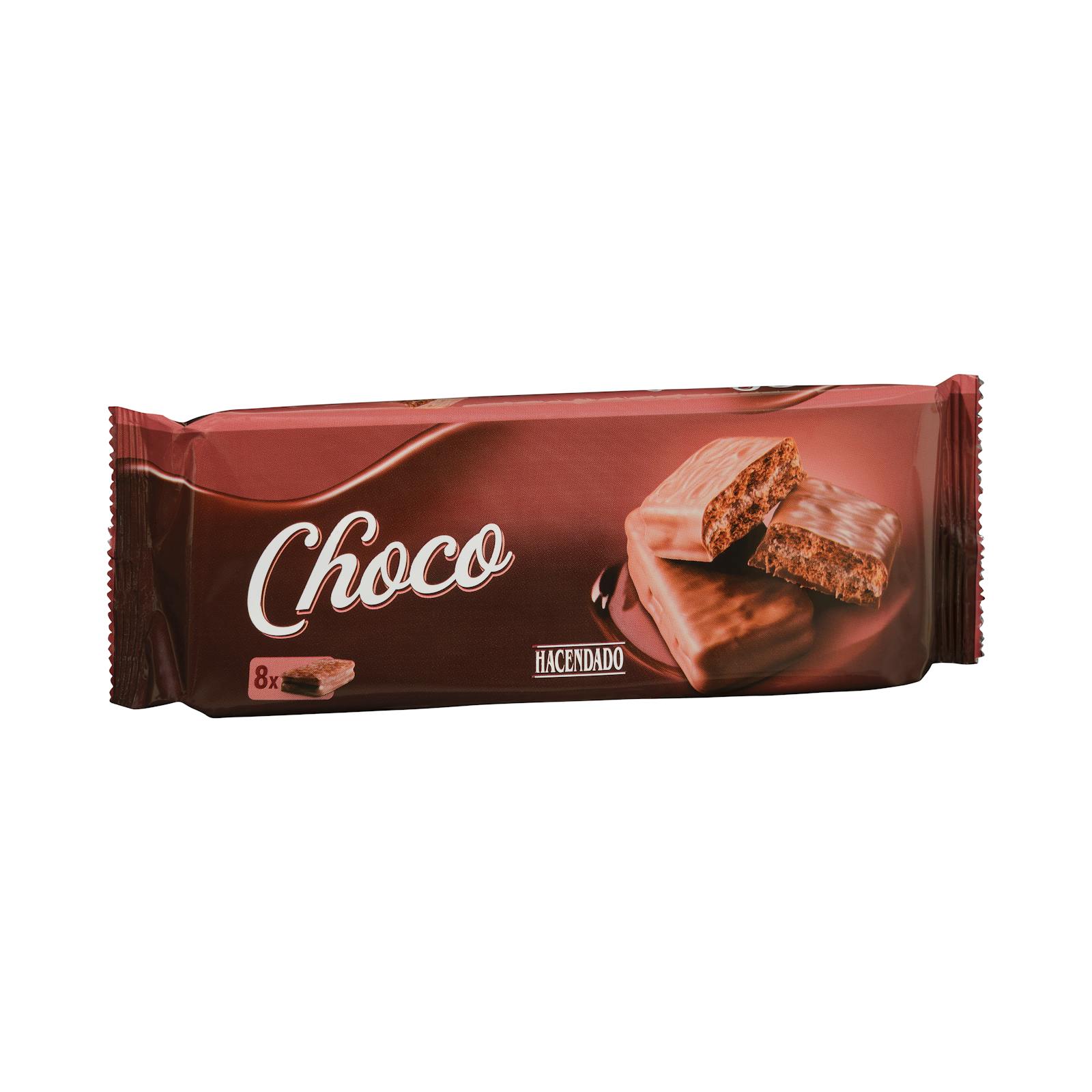 Biscuits au chocolat fourrés à la crème de cacao Hacendado et enrobés de chocolat au lait