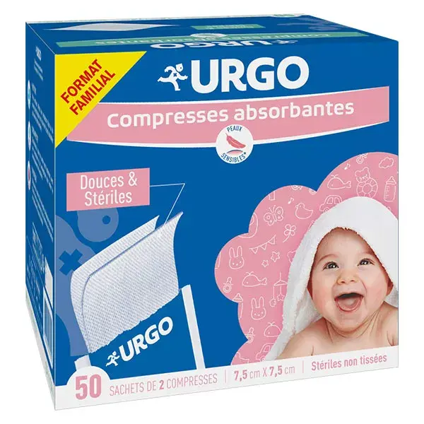 Compressas de tecido não tecido Urgo Nursing Care para famílias e bebês, 50 sachês.
