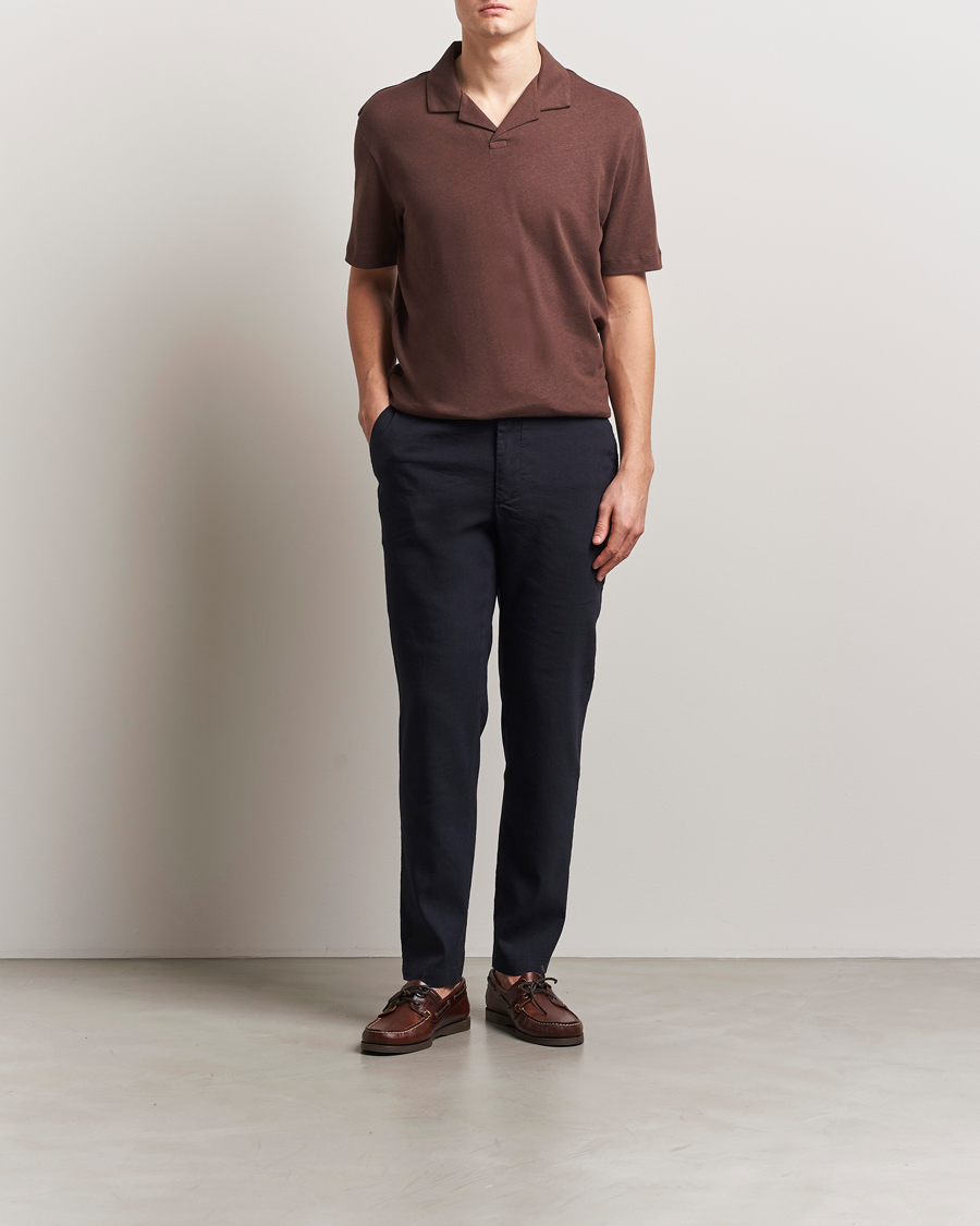 BOSS BLACK Ponti Cotton/Linen Open Collar Polo Dark Brown