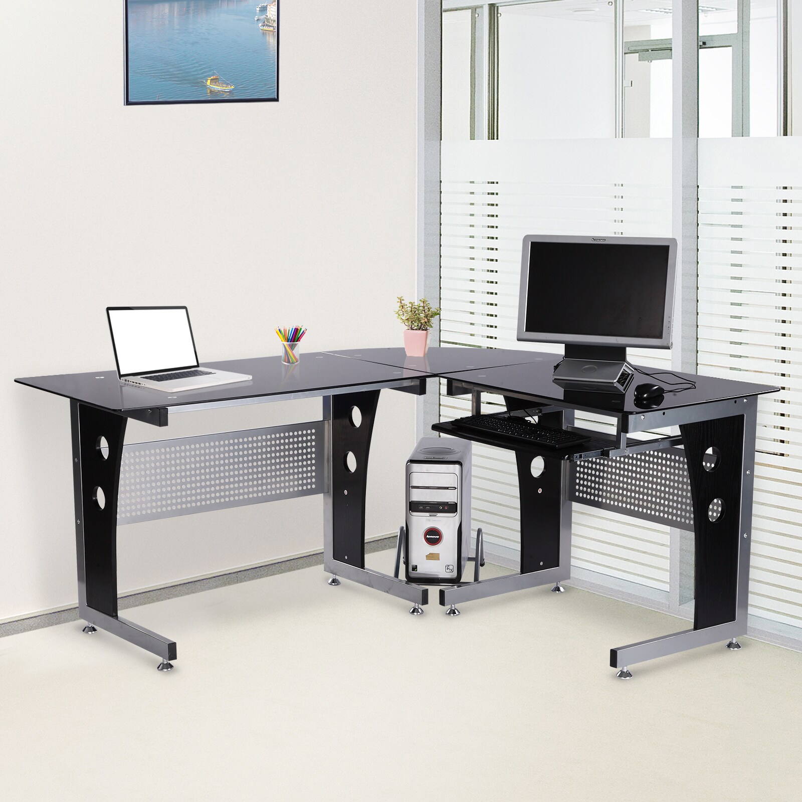 HOMCOM Eckschreibtisch mit Sicherheitsglas schwarz 164 x 139 x 75 cm (LxBxH)