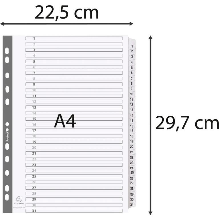 Intercalaires imprimés à touches plastifiées - 31 touches 1 à 31 - A4 - Blanc