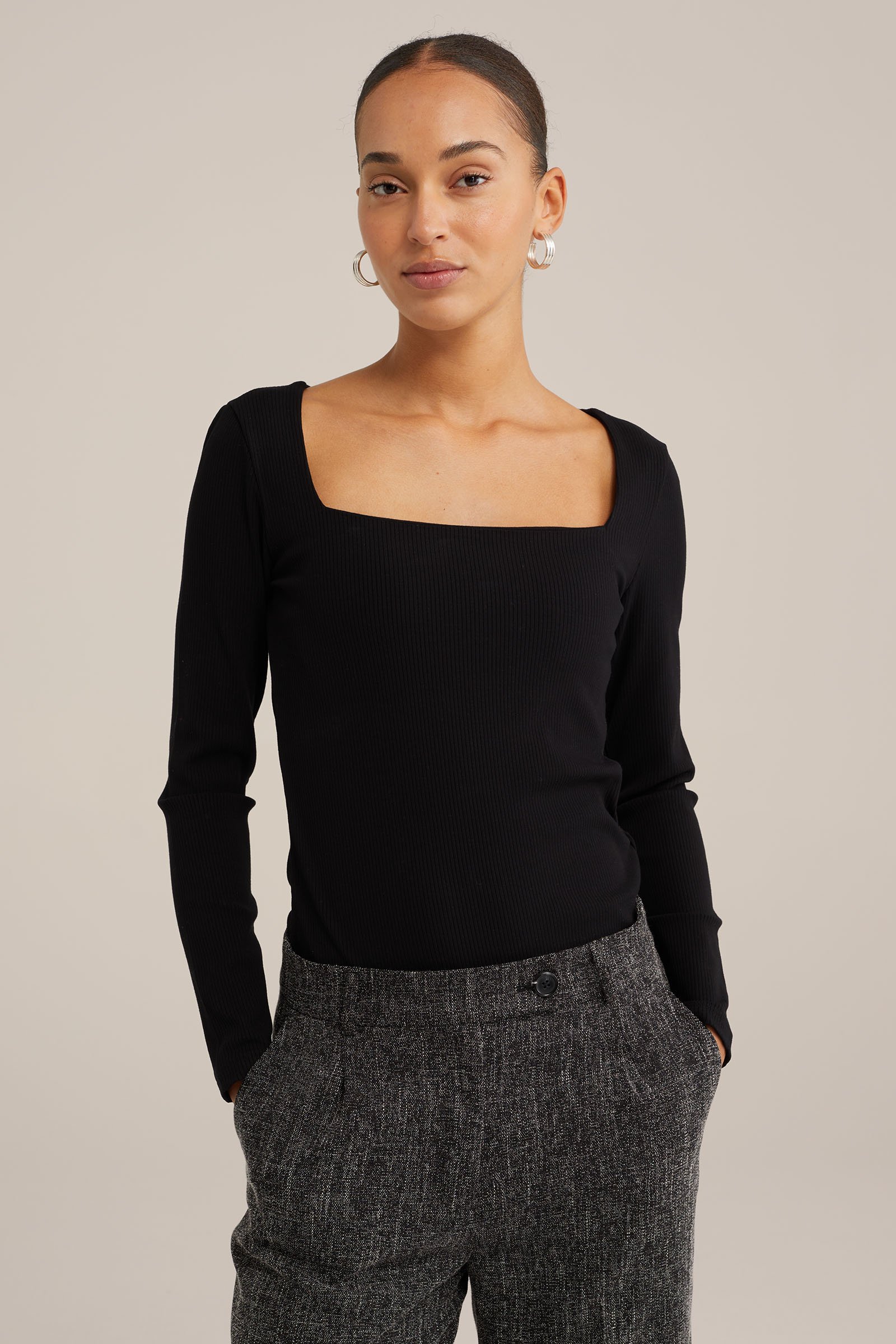T-shirt van ribstof WE Fashion Zwart