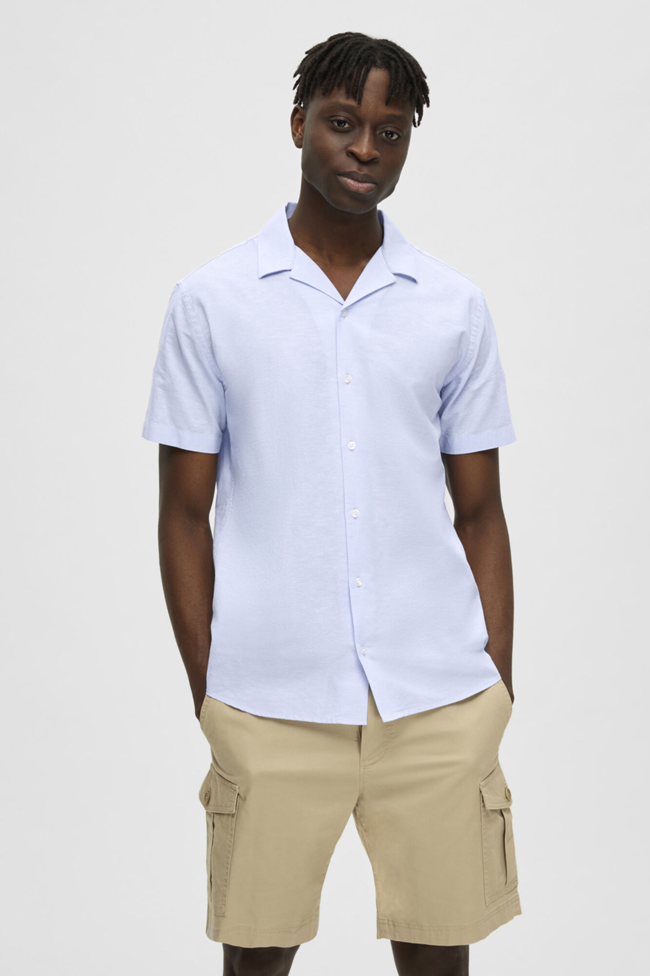 Camisa de manga curta em linho e algodão reciclado - Azul