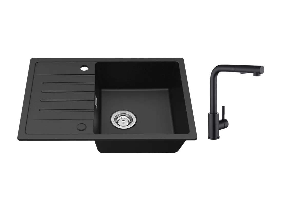 Cecipa max Evier 1 Bac avec Egouttoir Evier à encastrer Quartz et résine Noir 65x45cm+Noir Mitigeur avec Douchette Extractible 2 Modes de pulvérisat