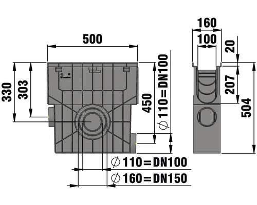 Hauraton Recyfix PRO 100 inlaatbox van PP met geïntegreerd frame en kunststof emmer 500 mm x 160 mm x 504 mm