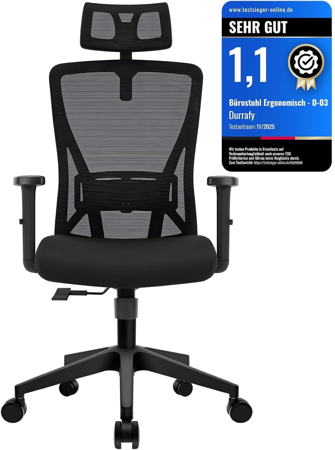 Bürostuhl Ergonomisch, Drehstuhl mit Mesh, Schreibtischstuhl mit Verstellbarer Kopfstütze und Armlehnen, Höhenverstellung und Wippfunktion, Rückenschonend, Tragfähigkeit 150 kg