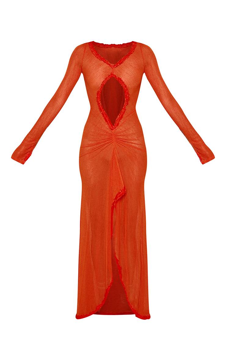 Orange Robe Longue Moulante En Maille Texturée À Manches Longues Et Découpes