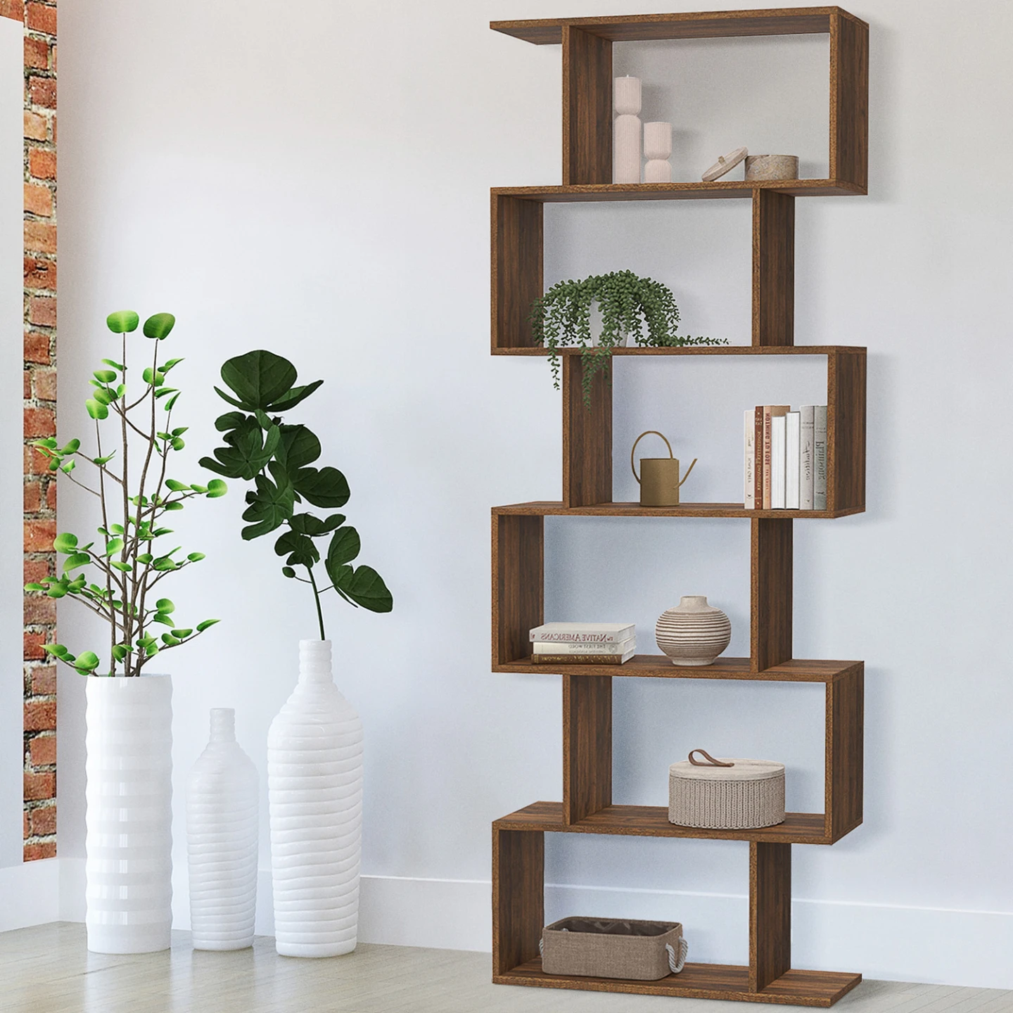 Etagère bibliothèque SOFIA forme S effet noyer 189 cm