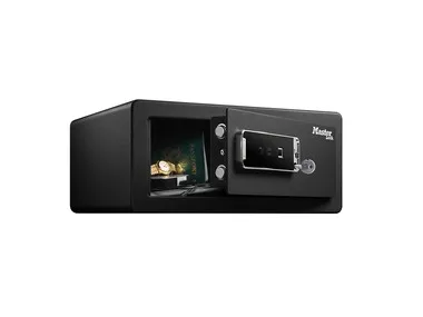 MASTER LOCK LX110BEURHRO, Fritstående pengeskab, Sort, 2 nøgler, Fingeraftrykslæser, 25,4 L, Gulv/væg, Batteri