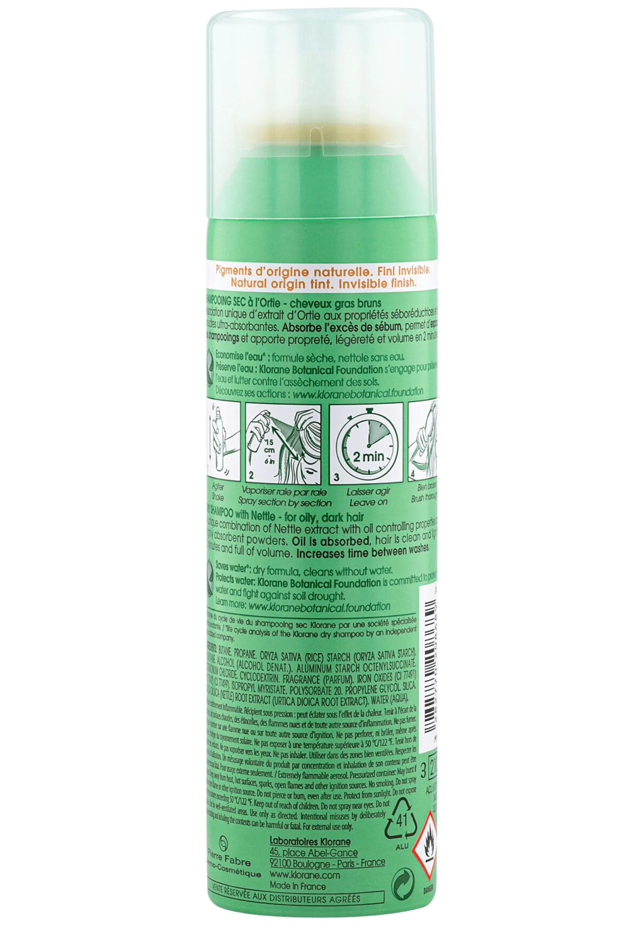 Klorane Shampoing sec séboréducteur à l’Ortie cheveux châtains à bruns-150 ml