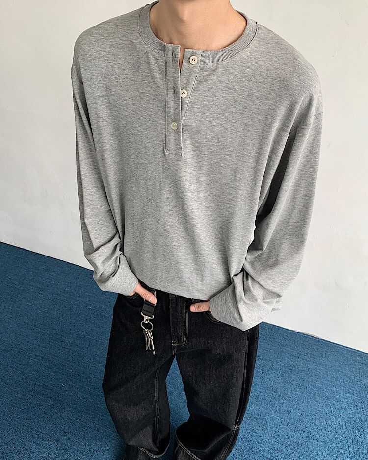 Omozando - Henley-hals T-shirt met lange mouwen en effen imitatieprint, tweedelig
