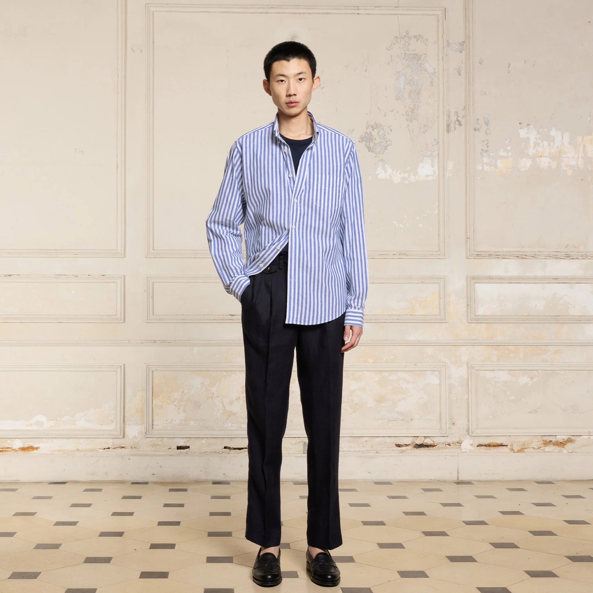 Blue and white striped cotton and linen shirt