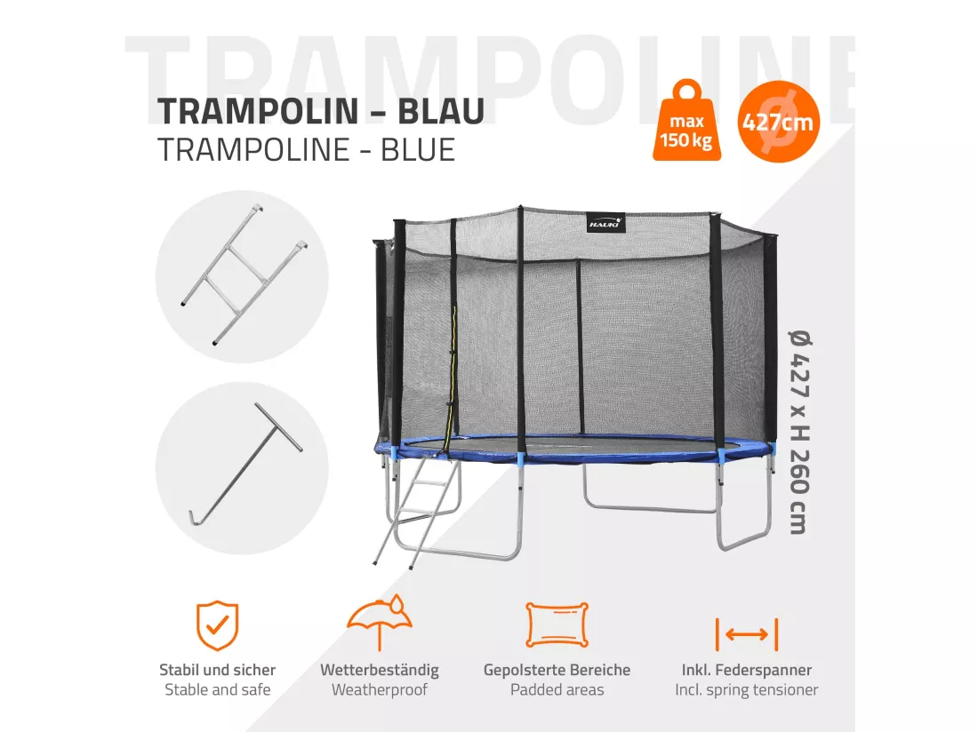 Hauki Trampoline Outdoor, Ø427 cm, bleu, certifié GS, trampoline de jardin rond pour enfants jusqu'à 150 kg, set complet avec filet de sécurité, échelle, couverture des bords, barres rembourrées, trampoline stable pour enfants