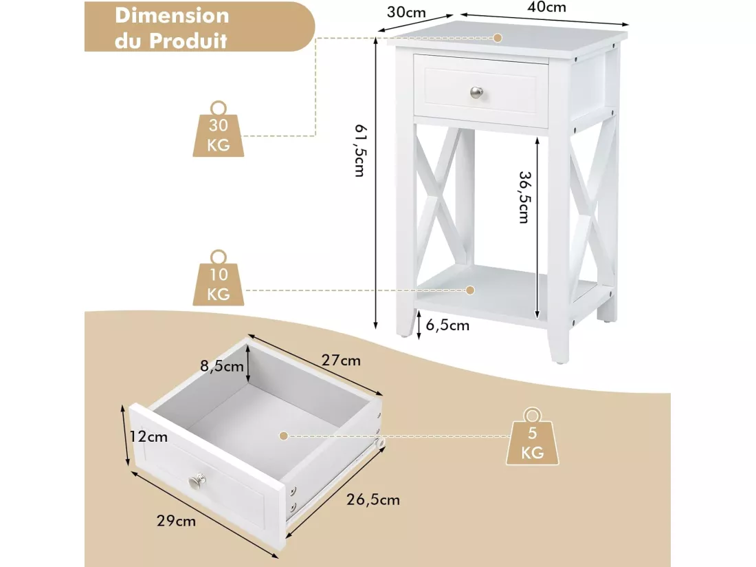Table de Chevet avec Tiroir et Étagère Ouverte, Table de Nuit Table d'Appoint Poignée en Métal pour Salon, Chambre, Bureau, Appartement, 40x30x61,5cm (Blanc*2)