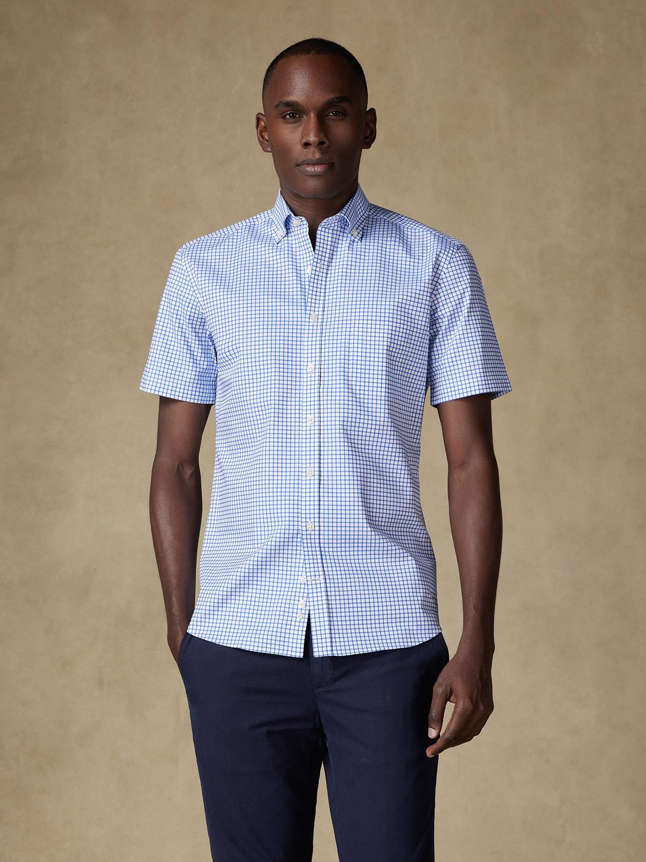 Chemise manches courtes Carlton à carreaux bleus  - Col boutonné