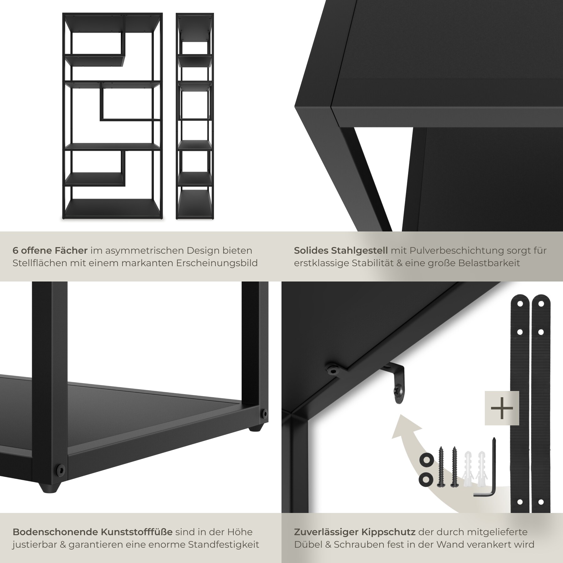 tectake® Standregal , Industrial Look, mit 6 Fächern, inklusive Kippschutz, 85 x 35 x 188 cm