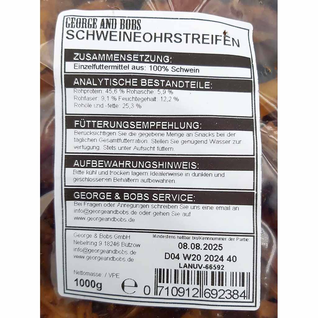 Hundesnack Schweineohrstreifen 1 kg MHD:8.8.25